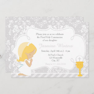 Blonde Girl First Communion Damask Invitation