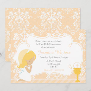 Blonde Girl First Communion Damask Invitation