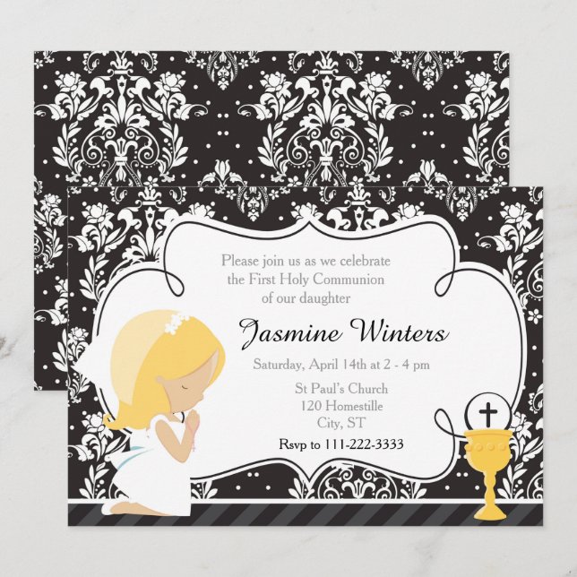 Blonde Girl First Communion Damask Invitation (Front/Back)