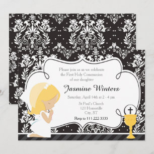 Blonde Girl First Communion Damask Invitation