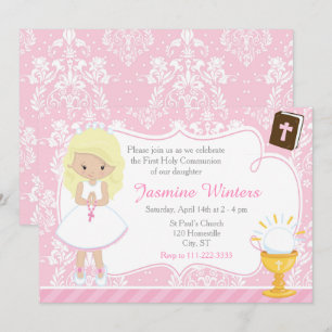 Blonde Girl First Communion Damask Invitation