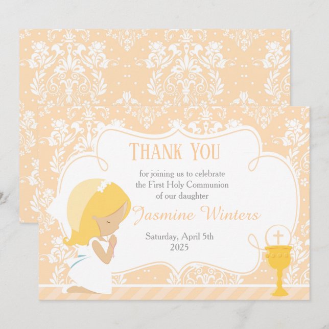 Blonde Girl First Communion Damask Thank You Card (Front/Back)
