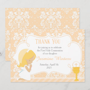 Blonde Girl First Communion Damask Thank You Card