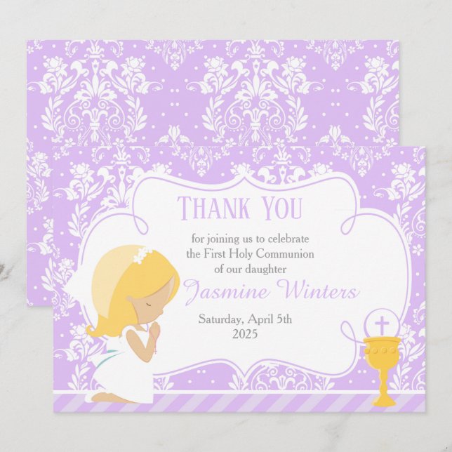 Blonde Girl First Communion Damask Thank You Card (Front/Back)