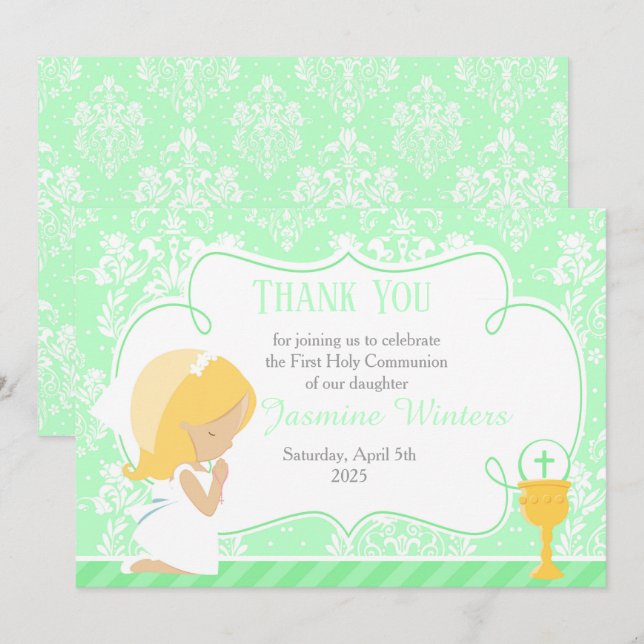 Blonde Girl First Communion Damask Thank You Card (Front/Back)
