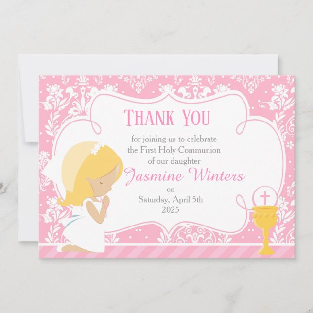 Blonde Girl First Communion Damask Thank You Card (Front)