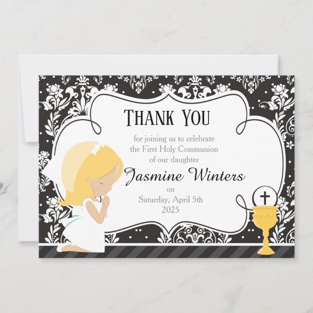Blonde Girl First Communion Damask Thank You Card (Front)