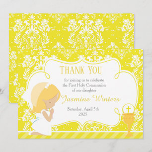 Blonde Girl First Communion Damask Thank You Card