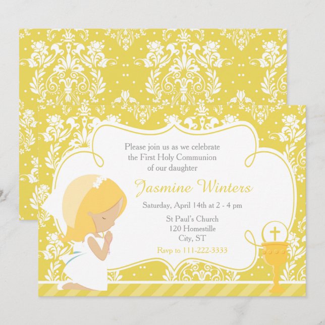 Blonde Girl First Communion Gold Damask Invitation (Front/Back)