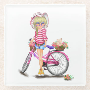 Blonde Girl Glass Coaster with Pink Bike
