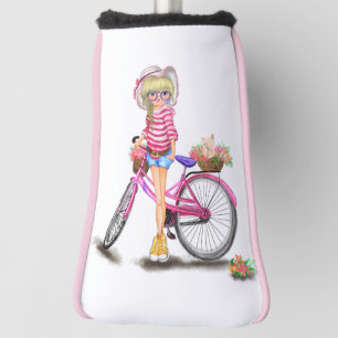 Blonde Girl Golf Head Cover with Pink Bike