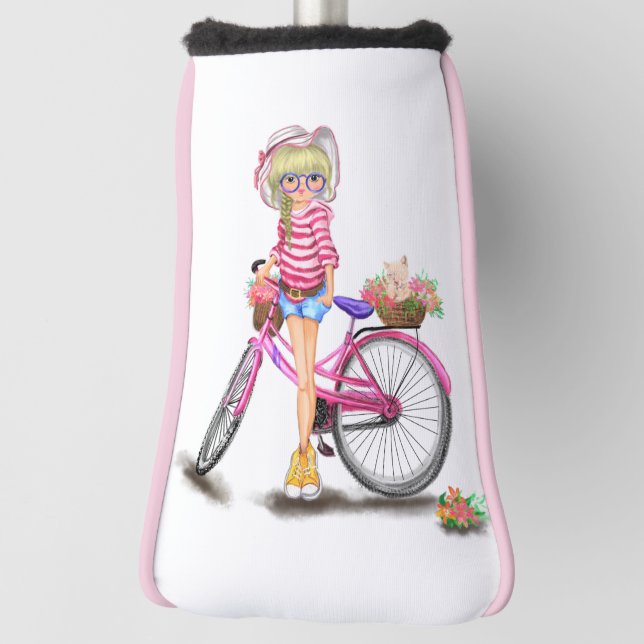 Blonde Girl Golf Head Cover with Pink Bike (Rotate 90)