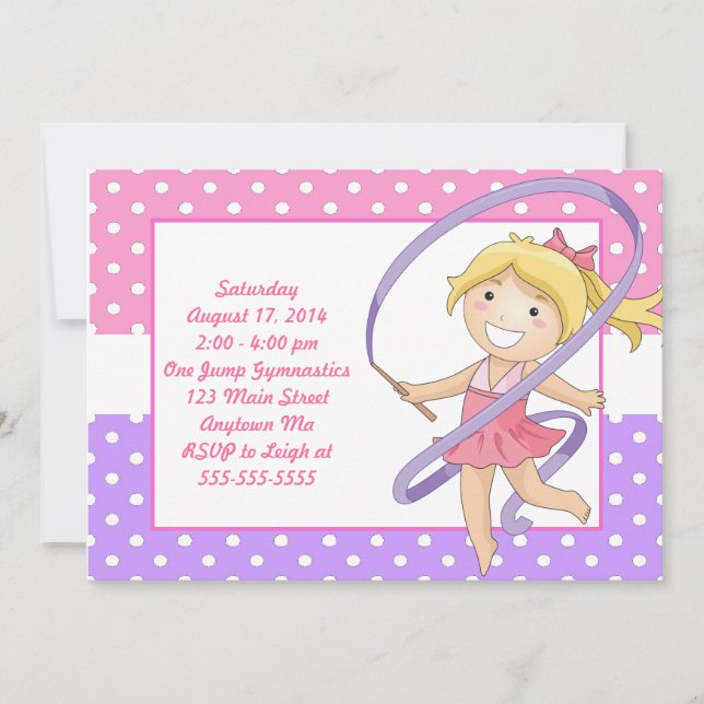 Blonde Girl Gymnastics Birthday Invitations (Front)