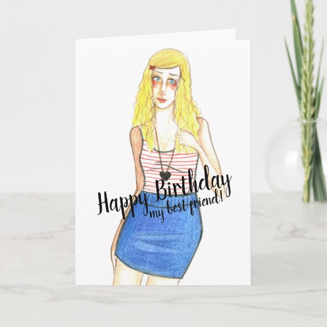 Blonde Girl Happy Birthday Best Friend Card (Front)