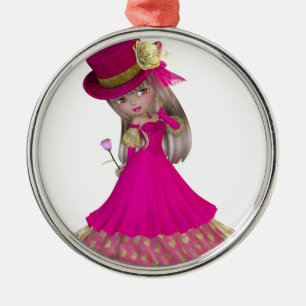 Blonde Girl Holding a Pink Rose Metal Tree Decoration