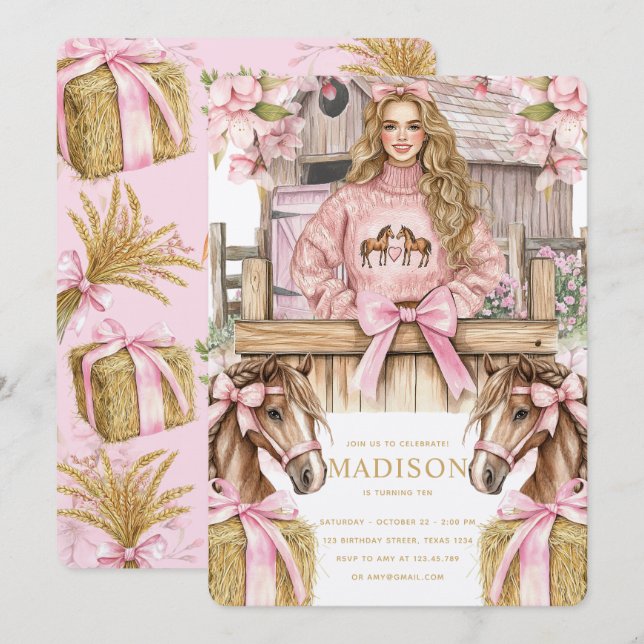 Blonde Girl Horse Birthday Invitation (Front/Back)
