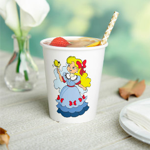 Blonde Girl in Blue Princess Dress with Butterfly Paper Cups