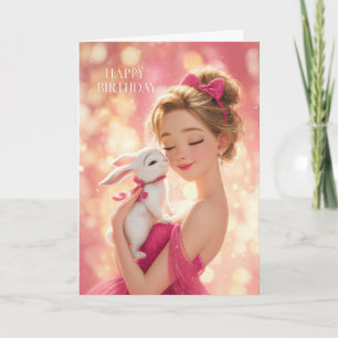 Blonde Girl in Hot Pink w/ Cute White Bunny BDay Card