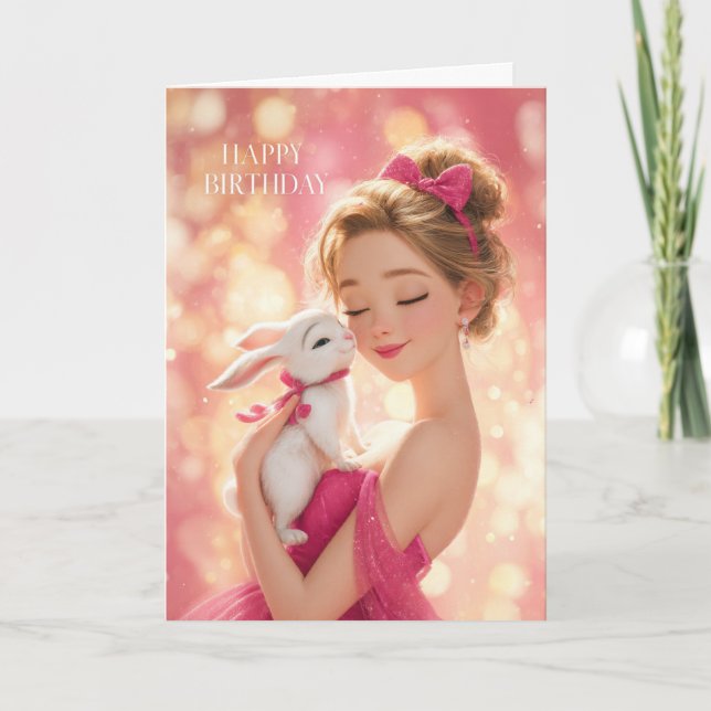 Blonde Girl in Hot Pink w/ Cute White Bunny BDay Card (Front)