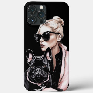 Blonde girl in sunglasses black French bulldog  iPhone 13 Pro Max Case