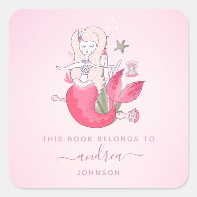 Blonde Girl Mermaid Starfish Kids Name Bookplate Square Sticker (Front)