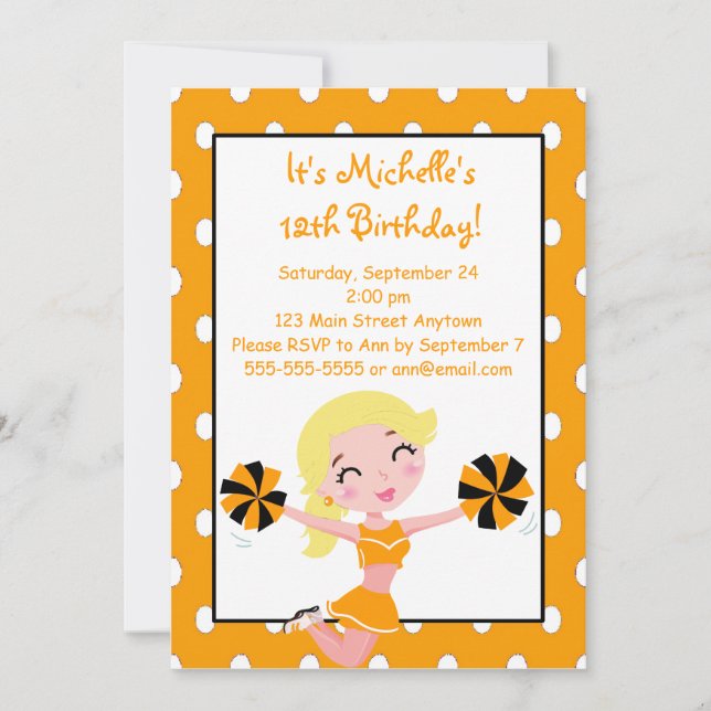 Blonde Girl Orange Black Cheerleader Invitations (Front)