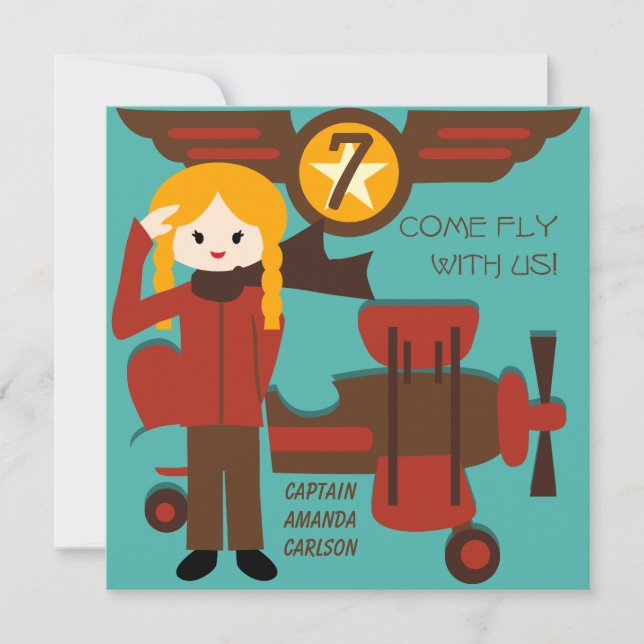 Blonde Girl Pilot Birthday Invitations (Front)
