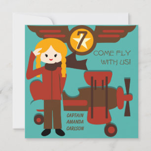 Blonde Girl Pilot Birthday Invitations
