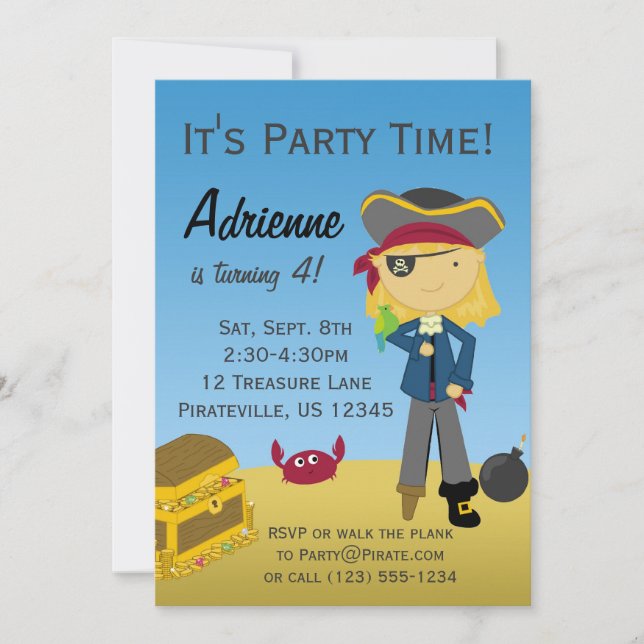 Blonde Girl Pirate Birthday Party Invitation (Front)