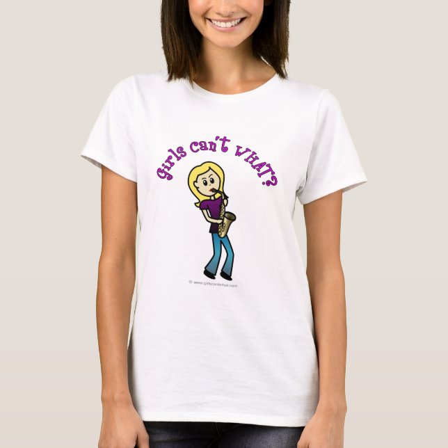 Blonde Girl Playing Saxophone T-Shirt (Front)