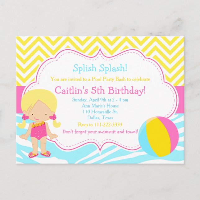 Blonde Girl Pool Party Bash Party Postcard (Front)