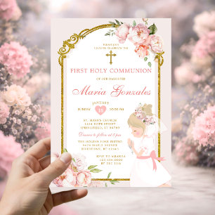 Blonde Girl Praying Floral First Holy Communion Invitation