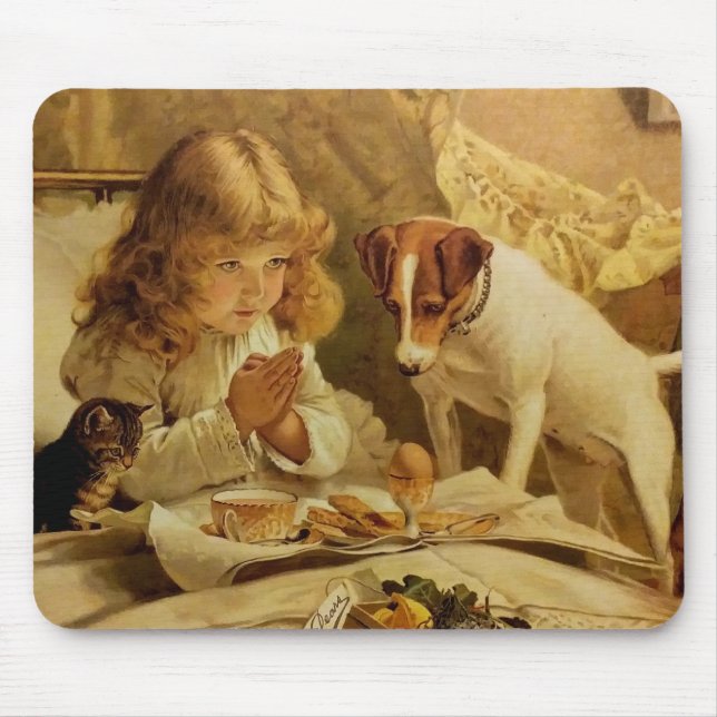 Blonde Girl Praying with her Dog and Cat Mouse Mat (Front)