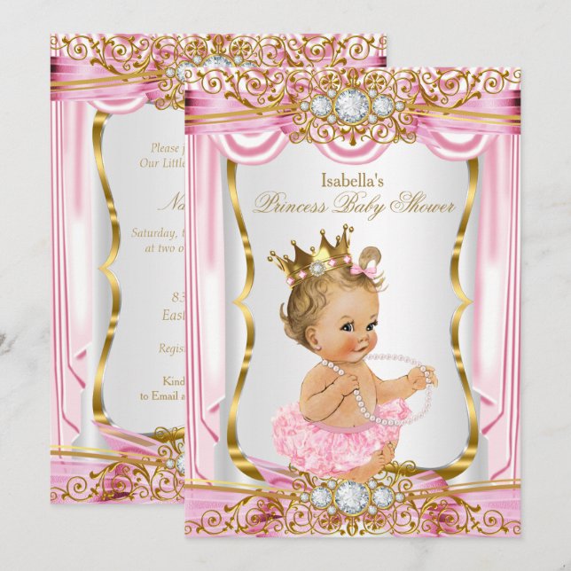 Blonde Girl Princess Baby Shower Pink Silk Gold Invitation (Front/Back)