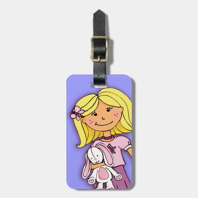 Blonde girl purple bunny kids named luggage tag (Front Vertical)