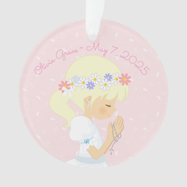 Blonde Girl Rosary Beads First Communion Ornament (Front)