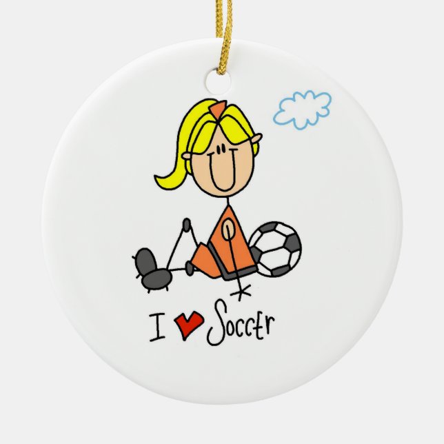Blonde Girl Stick Figure I Love Soccer Gifts Ceramic Tree Decoration (Front)