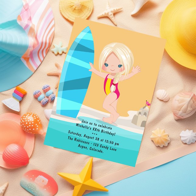Blonde Girl Summer Beach Birthday Party Invitation (Creator Uploaded)