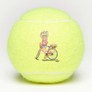 Blonde Girl Tennis Balls with Pink Bike