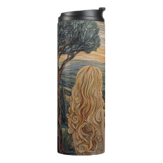 Blonde girl, walking mountains sunset with dog thermal tumbler