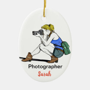 Blonde Girl with a Camera - Customisable Ceramic Tree Decoration