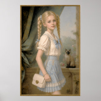 Blonde Girl with a siamese Cat Poster