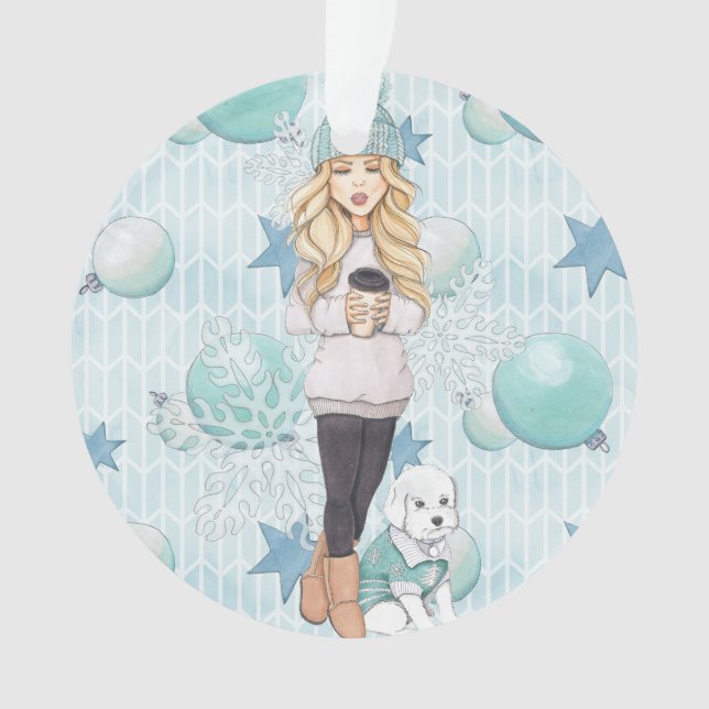 Blonde Girl with White Puppy Ornament (Front)