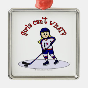 Blonde Girls Hockey Player Metal Tree Decoration