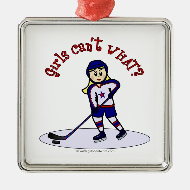 Blonde Girls Hockey Player Metal Tree Decoration (Front)
