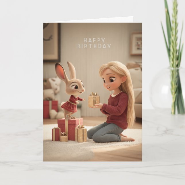 Blonde Giving Bunny in Red Dress Birthday Gift Card (Front)
