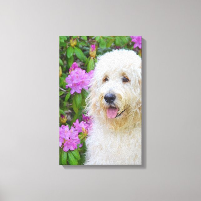 blonde goldendoodle dog in garden canvas print (Front)
