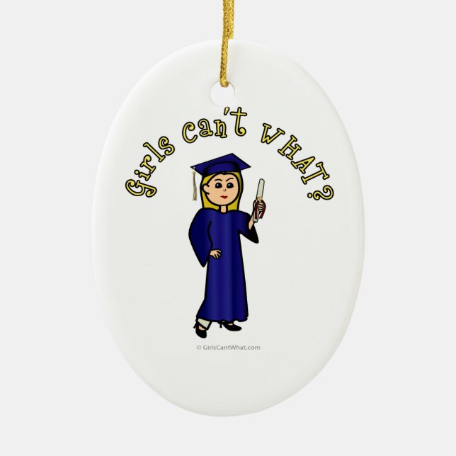 Blonde Graduate in Blue Ceramic Tree Decoration (Front)