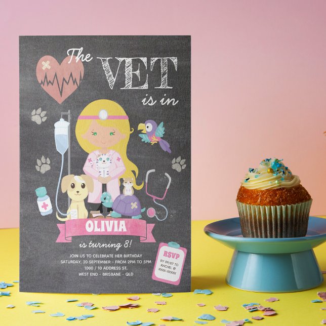 Blonde Green Eyed Chalkboard Vet Birthday Party Invitation (This girl’s vet birthday invitation is just the right medicine to your celebration!)