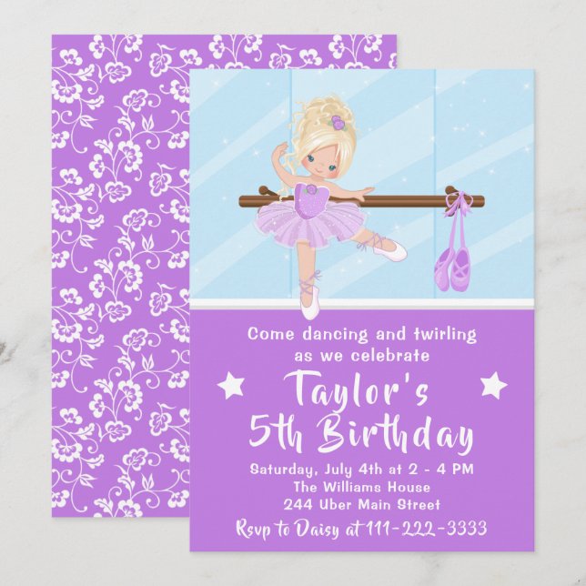Blonde Hair Ballerina in Purple Tutu Birthday Invi Invitation (Front/Back)